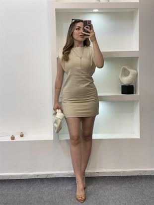 Bej Kolları Volanlı Jean Elbise