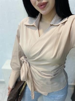 Bej Kruvaze Yaka Bağlamalı Model Gömlek 