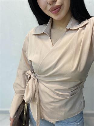 Bej Kruvaze Yaka Bağlamalı Model Gömlek 