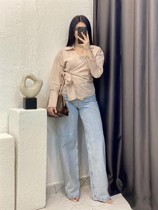 Bej Kruvaze Yaka Bağlamalı Model Gömlek 