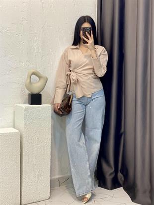 Bej Kruvaze Yaka Bağlamalı Model Gömlek 