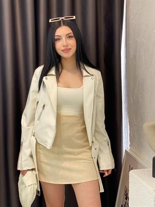 Bej Kruvaze Yaka Deri Ceket 