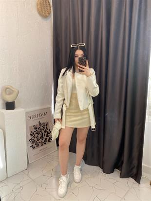 Bej Kruvaze Yaka Deri Ceket 