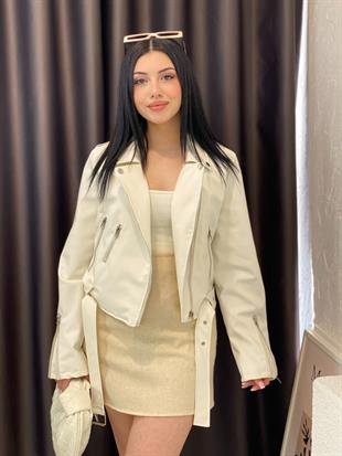 Bej Kruvaze Yaka Deri Ceket 