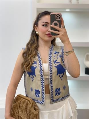 Bej Mavi Nakışlı Yelek