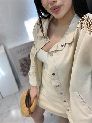 Bej Nakışlı Gabardin Ceket 