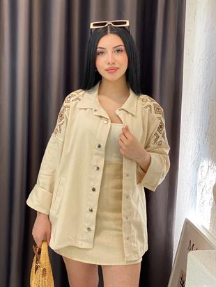 Bej Nakışlı Gabardin Ceket 