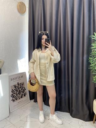 Bej Nakışlı Gabardin Ceket 