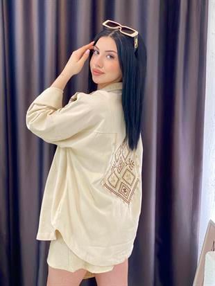 Bej Nakışlı Gabardin Ceket 