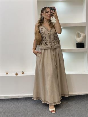 Bej Nakışlı Yelek Etek Keten Takım