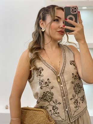 Bej Nakışlı Yelek Etek Keten Takım