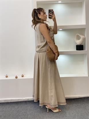 Bej Nakışlı Yelek Etek Keten Takım