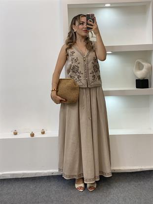 Bej Nakışlı Yelek Etek Keten Takım