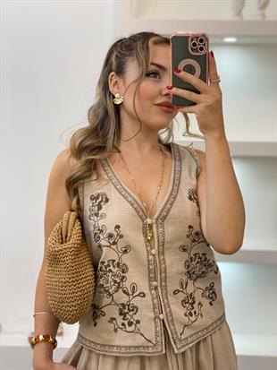 Bej Nakışlı Yelek Etek Keten Takım