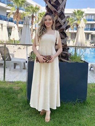 Bej Omuz Bağlamalı Model Gipeli Elbise