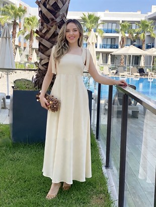 Bej Omuz Bağlamalı Model Gipeli Elbise