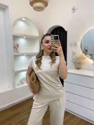 Bej Omuz Vatkalı Asimetrik Kesim Modal Takım