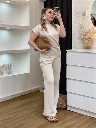 Bej Omuz Vatkalı Asimetrik Kesim Modal Takım