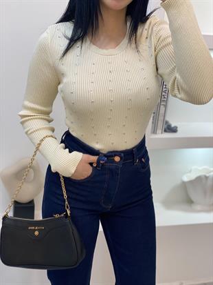 Bej Önü Damla Taşlı Triko