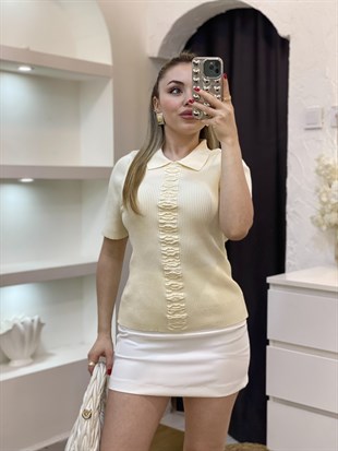 Bej Önü Desenli Elit Triko Bluz