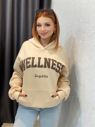 Bej Önü Yazılı Kapşonlu Sweatshirt 