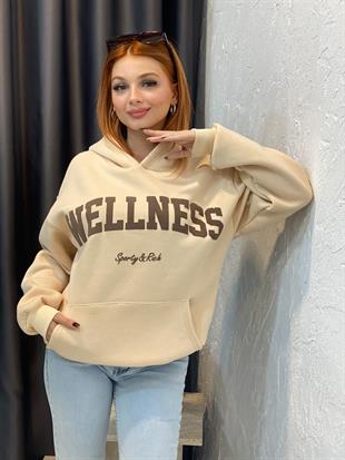 Bej Önü Yazılı Kapşonlu Sweatshirt 