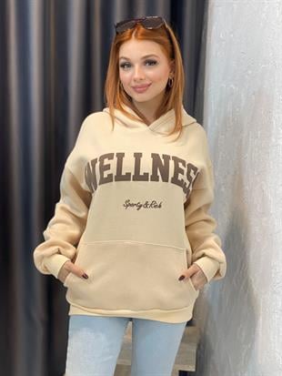 Bej Önü Yazılı Kapşonlu Sweatshirt 