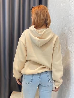 Bej Önü Yazılı Kapşonlu Sweatshirt 