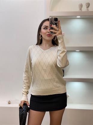 Bej Parıltılı Taşlı Baklava Desen Triko Bluz