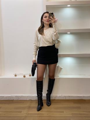 Bej Parıltılı Taşlı Baklava Desen Triko Bluz