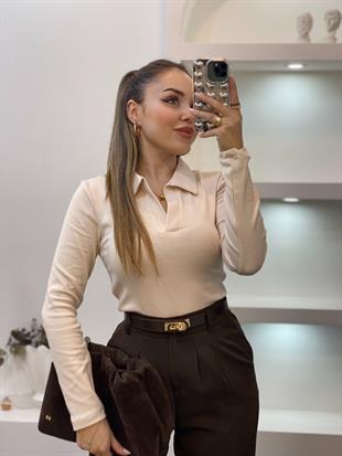 Bej Polo Yaka Basic Bluz