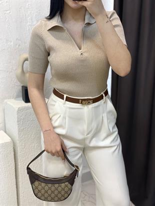 Bej Polo Yaka Fermuarlı Triko