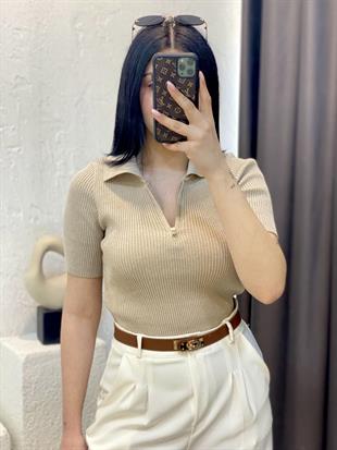 Bej Polo Yaka Fermuarlı Triko