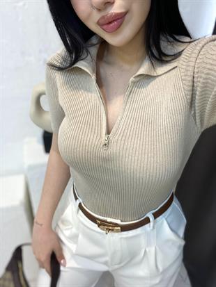 Bej Polo Yaka Fermuarlı Triko