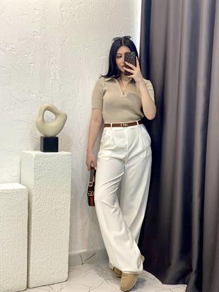 Bej Polo Yaka Fermuarlı Triko