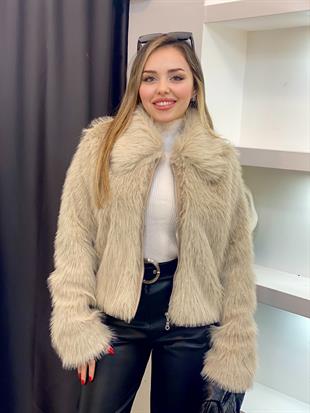 Bej Premium Fermuarlı Kürk