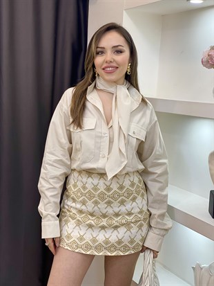 Bej Premium Kalite Fularlı Gömlek 