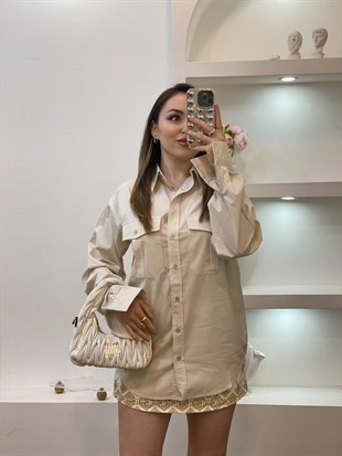 Bej Premium Kalite Fularlı Gömlek 