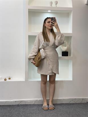 Bej Premium Kalite Kruvaze Yaka Bağlamalı Model Elbise