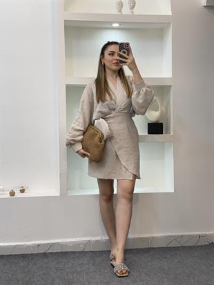 Bej Premium Kalite Kruvaze Yaka Bağlamalı Model Elbise