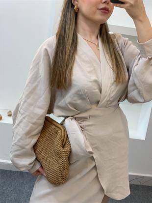 Bej Premium Kalite Kruvaze Yaka Bağlamalı Model Elbise