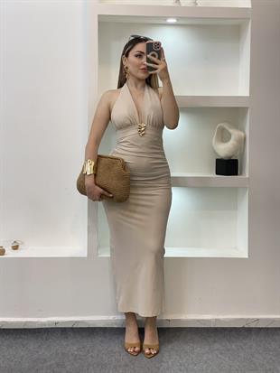 Bej Premium Kalite Sırt Dekolteli Elbise