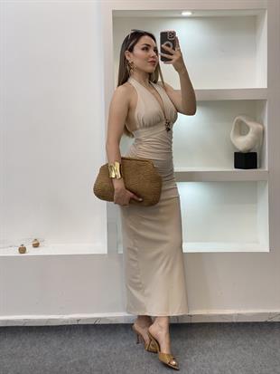 Bej Premium Kalite Sırt Dekolteli Elbise