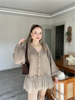 Bej Premium Kalite Tül Detaylı Hırka