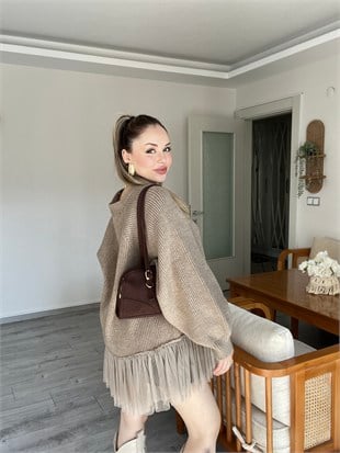Bej Premium Kalite Tül Detaylı Hırka