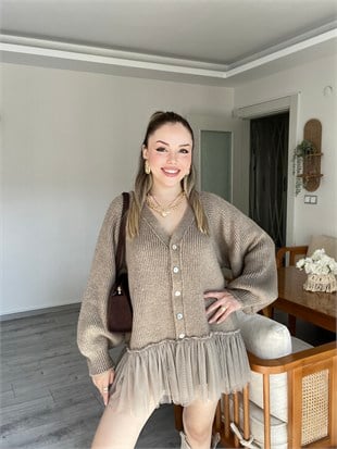 Bej Premium Kalite Tül Detaylı Hırka