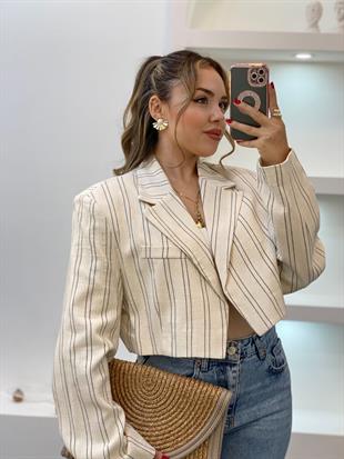 Bej Premium Seri Çizgili Model Vatkalı Ceket 