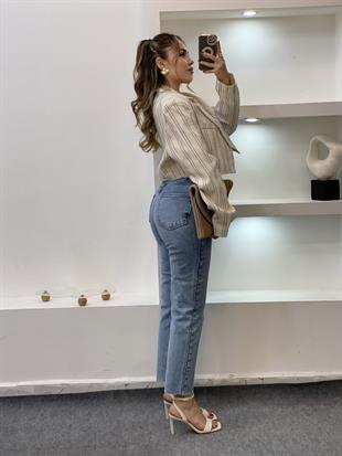 Bej Premium Seri Çizgili Model Vatkalı Ceket 