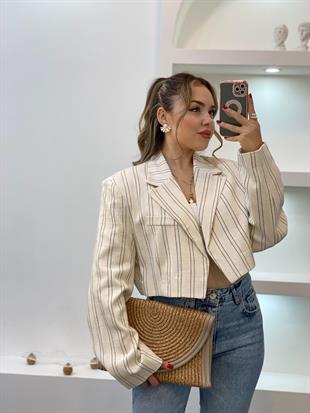 Bej Premium Seri Çizgili Model Vatkalı Ceket 