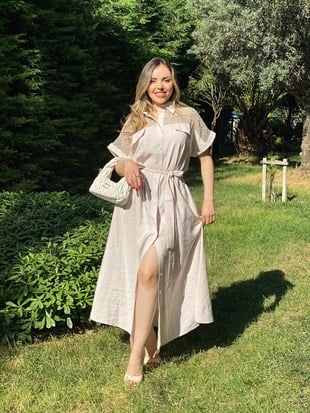 Bej Renk Omuzları Pul İşlemeli File Detaylı Gömlek Elbise